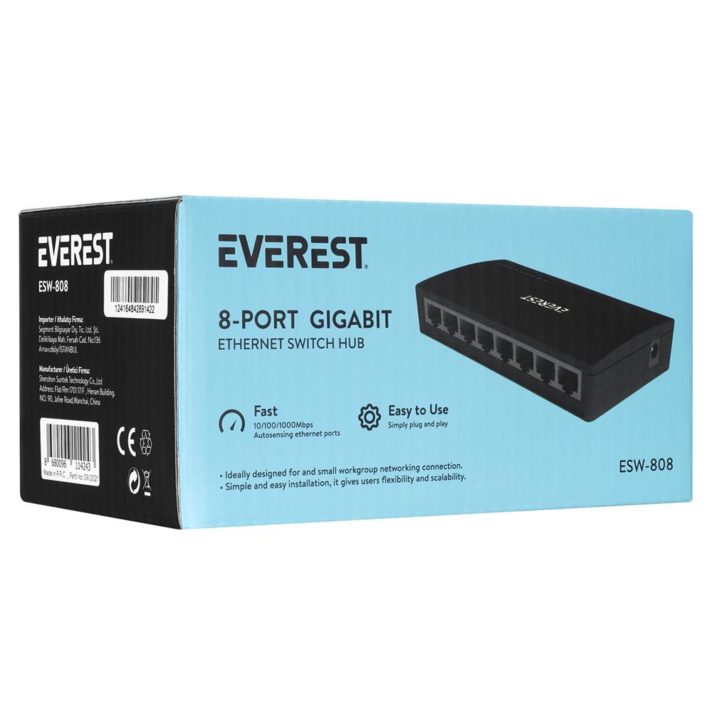 Everest EVERLINK ESW-808 8 Port 10-100-1000Mbps Gigabit Ethernet Masaüstü Ethernet Switch Hub Everest EVERLINK ESW-808 8 Port 10-100-1000Mbps Gigabit Ethernet Masaüstü Ethernet Switch Hub