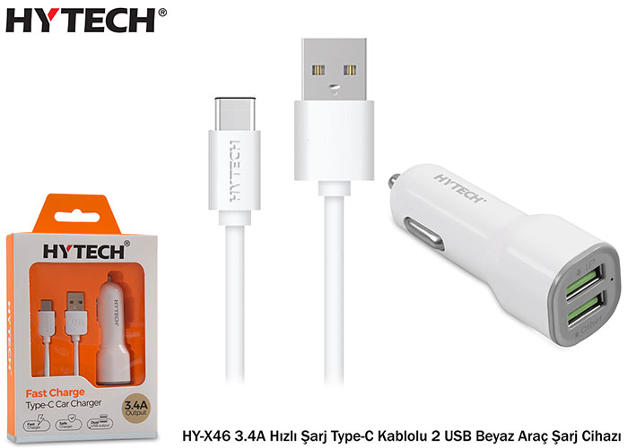 Hytech HY-X46 3.4A Hızlı Şarj Type-C Kablolu 2 USB Hytech HY-X46 3.4A Hızlı Şarj Type-C Kablolu 2 USB