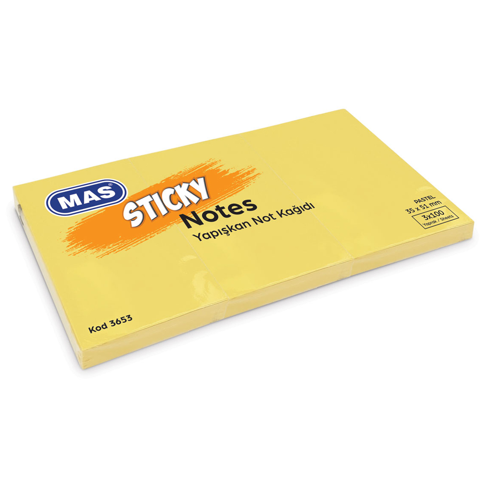 Mas Yapışkanlı Not Kağıdı 3 Blok 100 SY 35x51 Pastel Sarı 3653 Mas Yapışkanlı Not Kağıdı 3 Blok 100 SY 35x51 Pastel Sarı 3653