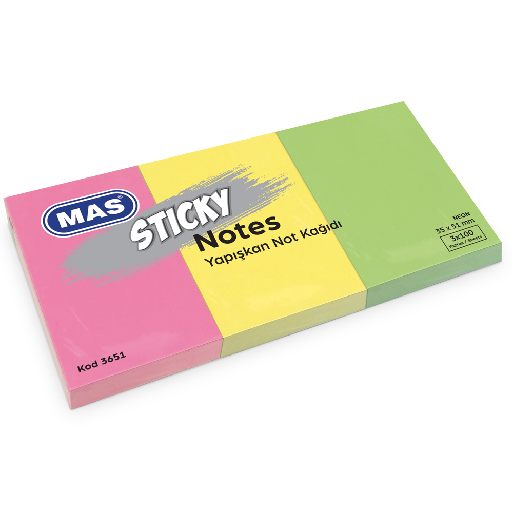 Mas Yapışkanlı Not Kağıdı 3 Blok 100 Syf 35x51 Neon 3651 Mas Yapışkanlı Not Kağıdı 3 Blok 100 Syf 35x51 Neon 3651
