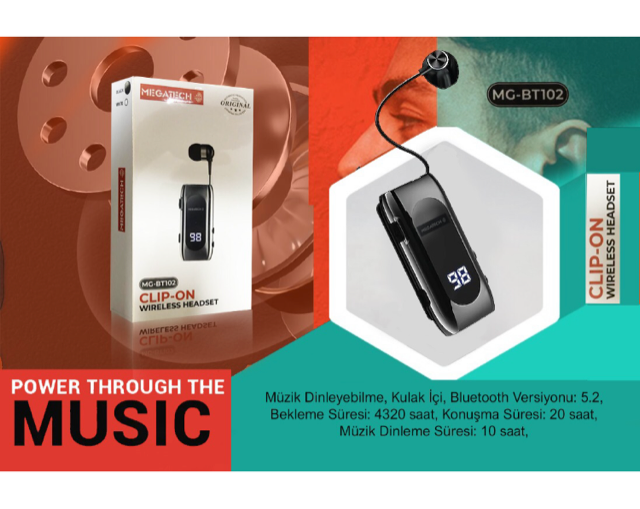 Megatech Mg-Bt102 Clıp-On Makaralı Digital Göstergeli Bluetooth Kablosuz Kulaklık Megatech Mg-Bt102 Clıp-On Makaralı Digital Göstergeli Bluetooth Kablosuz Kulaklık