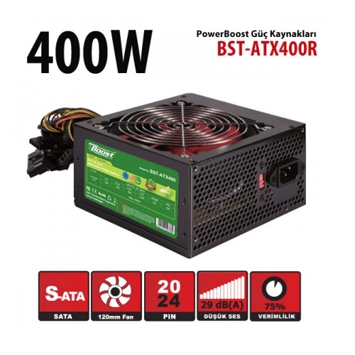 PowerBoost BST-ATX400R 400w, PPFC 12cm Siyah Fanlı ATX PSU Power kablo (Retail Box) Güç Kaynağı PowerBoost BST-ATX400R 400w, PPFC 12cm Siyah Fanlı ATX PSU Power kablo (Retail Box) Güç Kaynağı