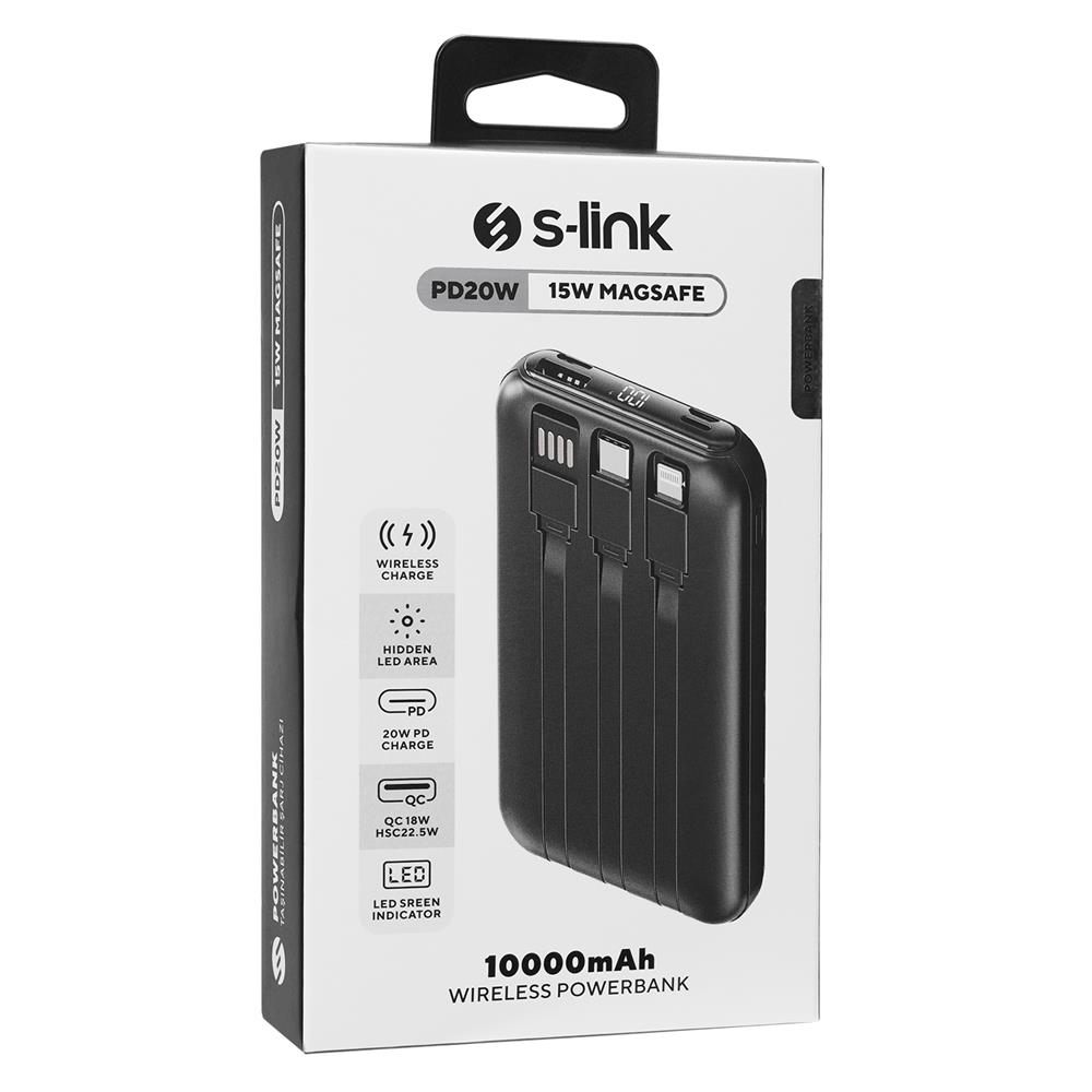 S-link P135 10000mAh 15W Magsafe Dahili Kablo Siyah Gizli LED Taşınabilir Pil Şarj Cihazı Power S-link P135 10000mAh 15W Magsafe Dahili Kablo Siyah Gizli LED Taşınabilir Pil Şarj Cihazı Power